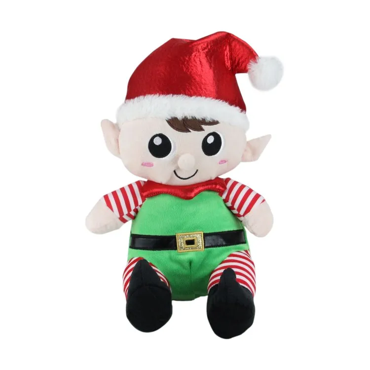 13" Red Plush Sitting Boy and Girl Christmas Elf Figurines Set of 2