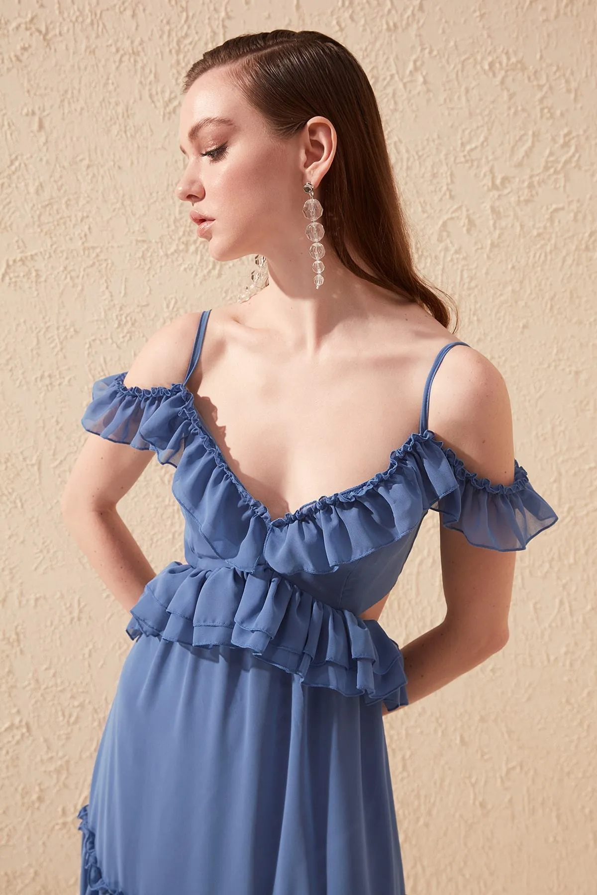 16432 Indigo Cutout Chiffon Strap Dress