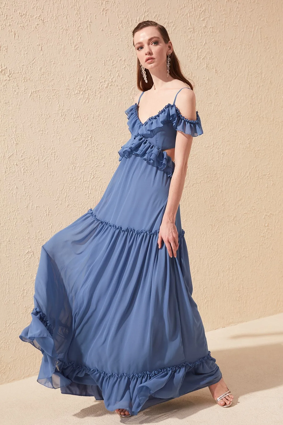 16432 Indigo Cutout Chiffon Strap Dress