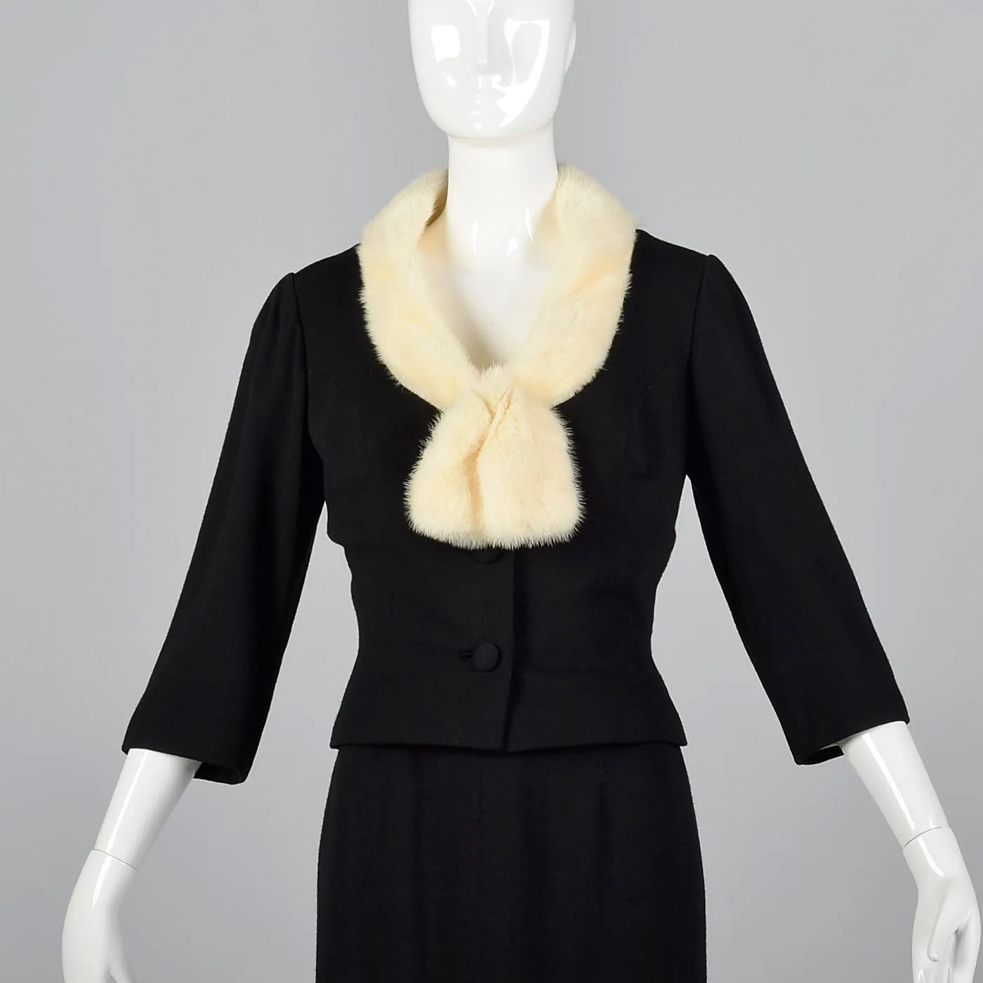 1950s Black Dress with Ermine Fur Collar and Matching Jacket