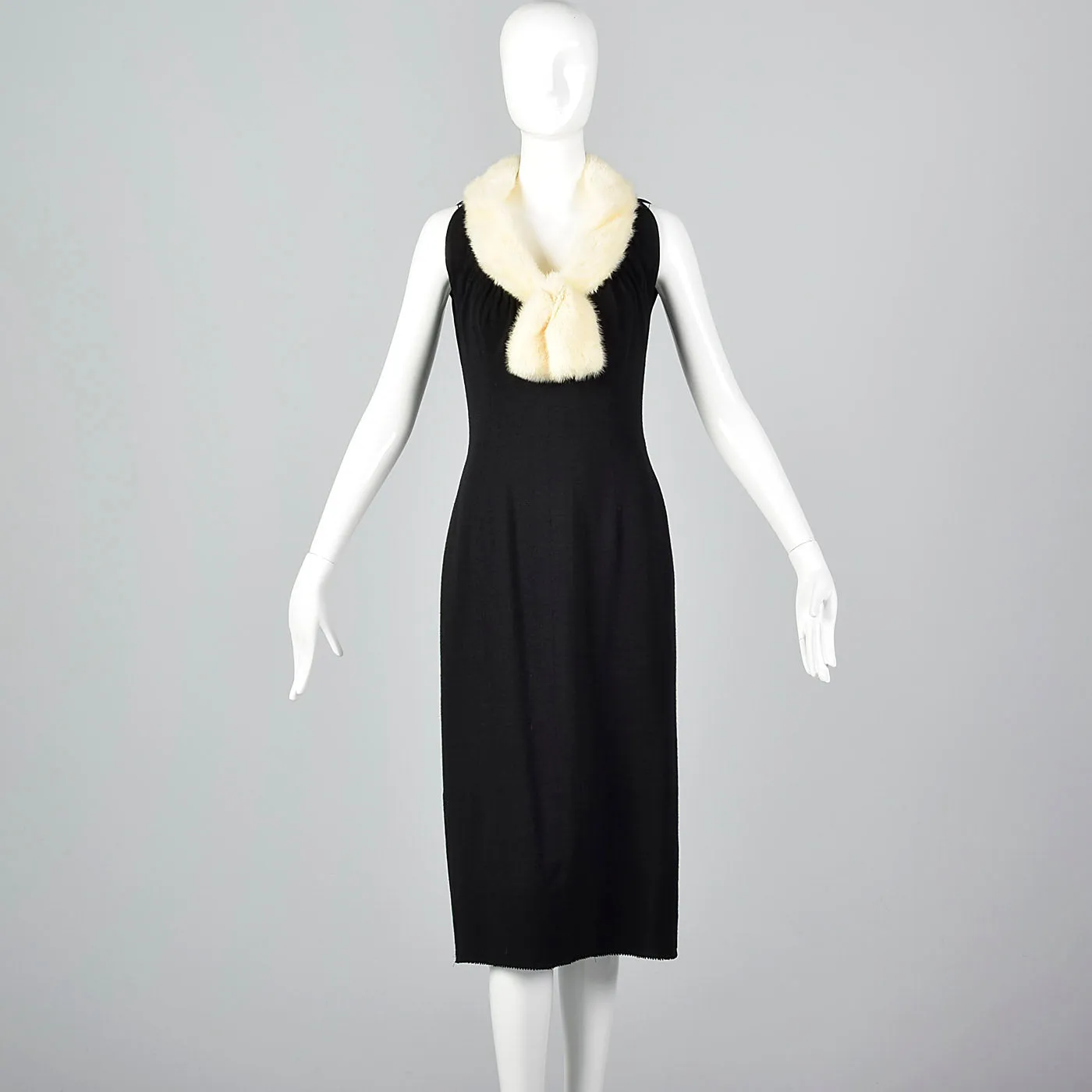 1950s Black Dress with Ermine Fur Collar and Matching Jacket