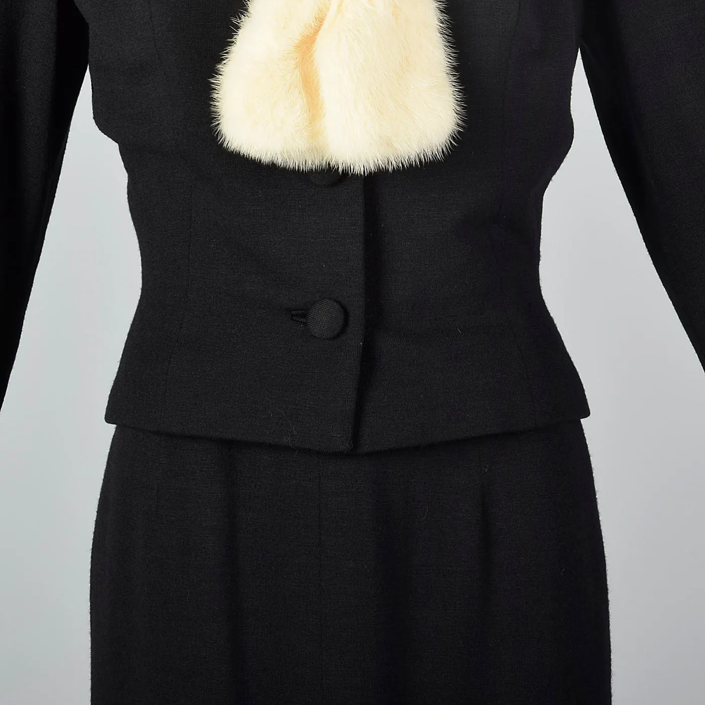 1950s Black Dress with Ermine Fur Collar and Matching Jacket