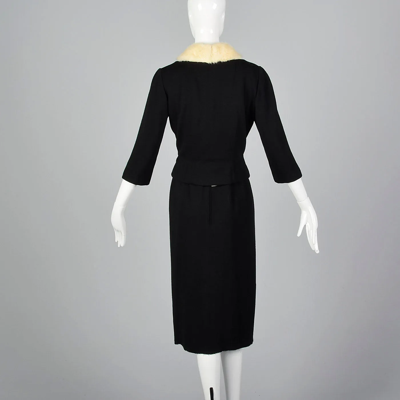 1950s Black Dress with Ermine Fur Collar and Matching Jacket