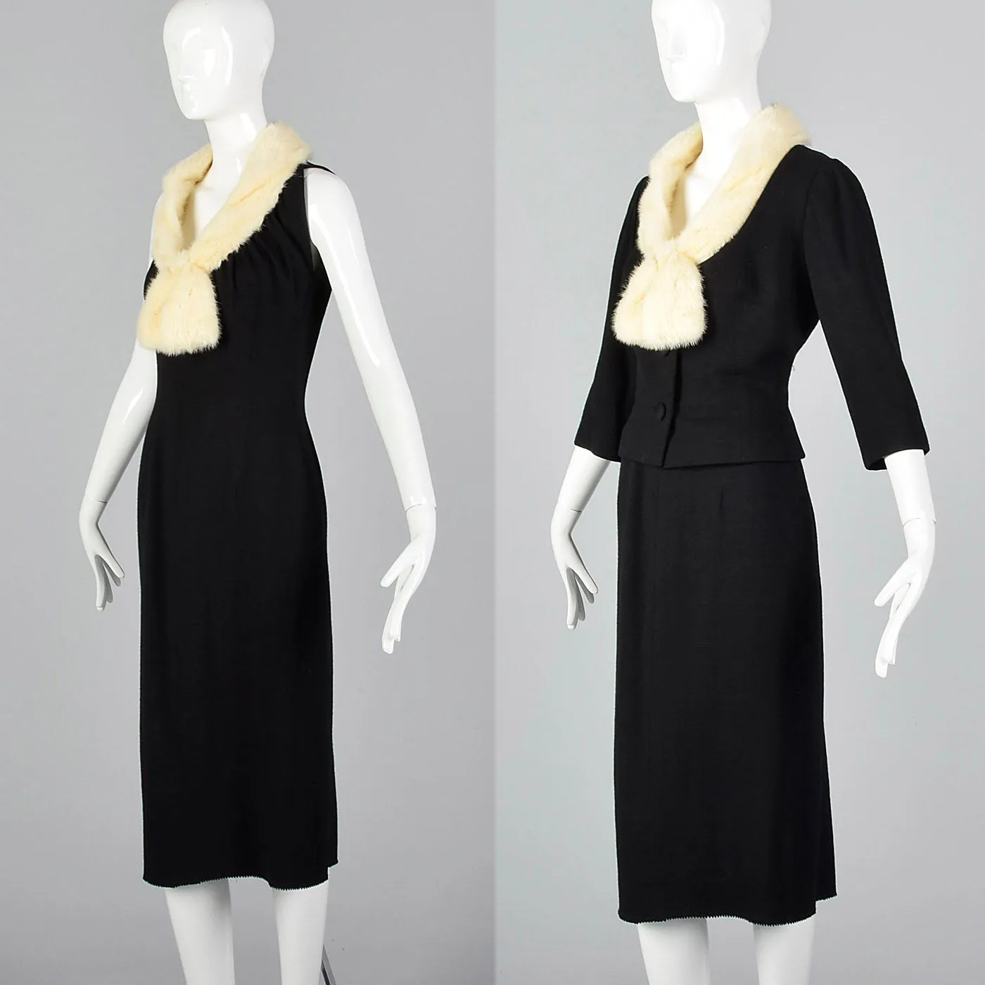 1950s Black Dress with Ermine Fur Collar and Matching Jacket