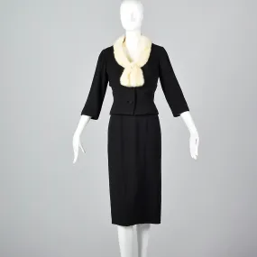 1950s Black Dress with Ermine Fur Collar and Matching Jacket