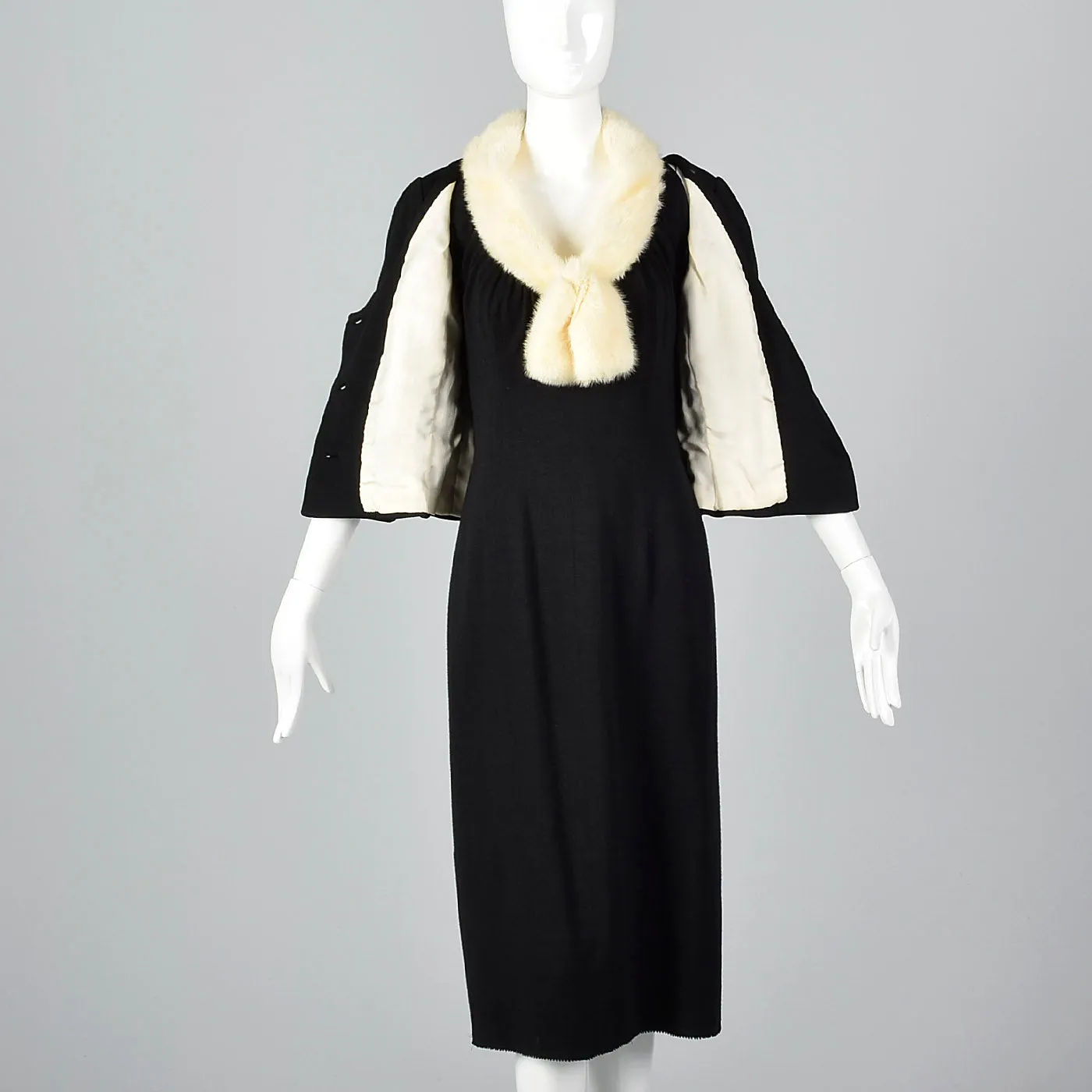 1950s Black Dress with Ermine Fur Collar and Matching Jacket