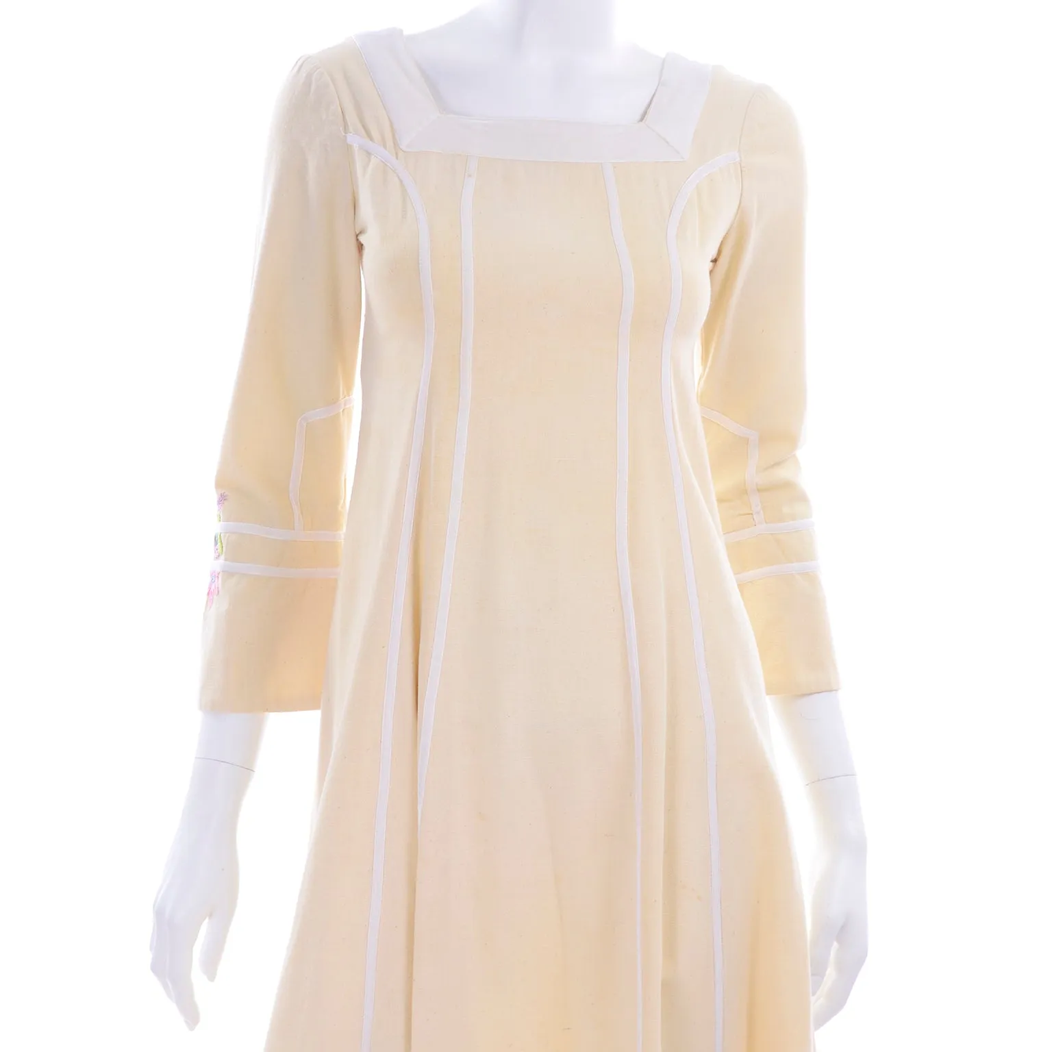 1970s Josefa Cream Cotton Long Embroidered Vintage Dress