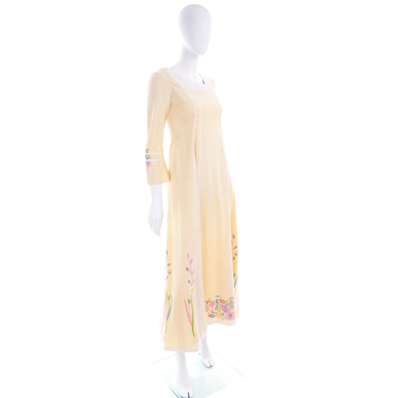 1970s Josefa Cream Cotton Long Embroidered Vintage Dress