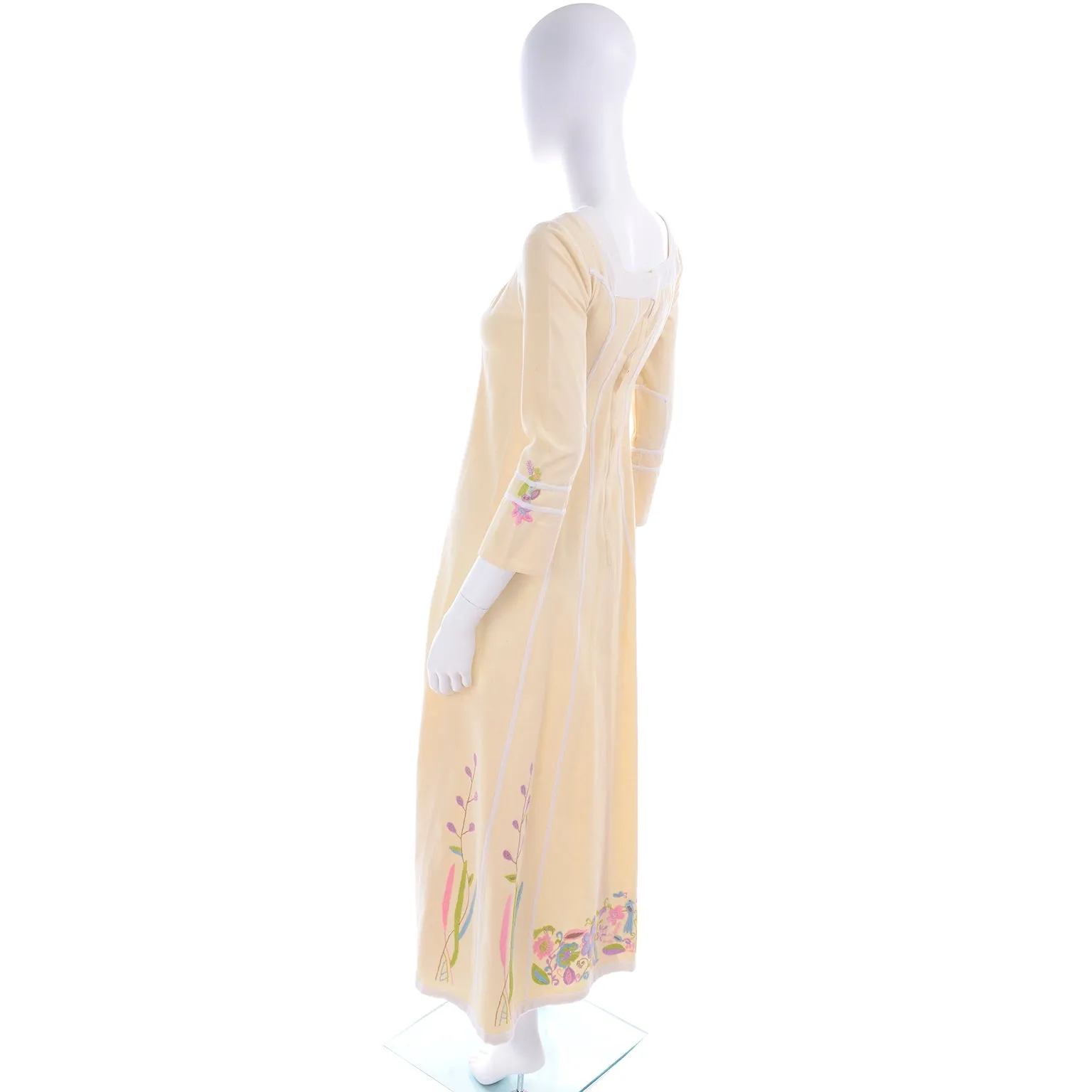 1970s Josefa Cream Cotton Long Embroidered Vintage Dress