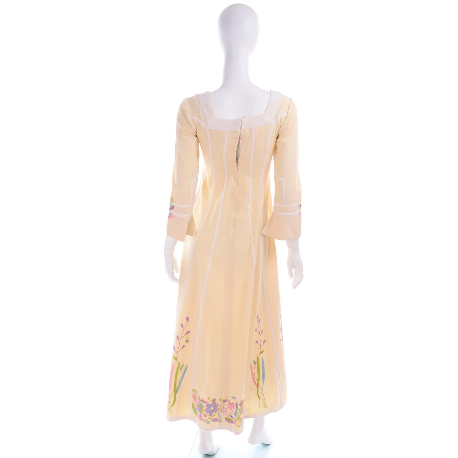 1970s Josefa Cream Cotton Long Embroidered Vintage Dress