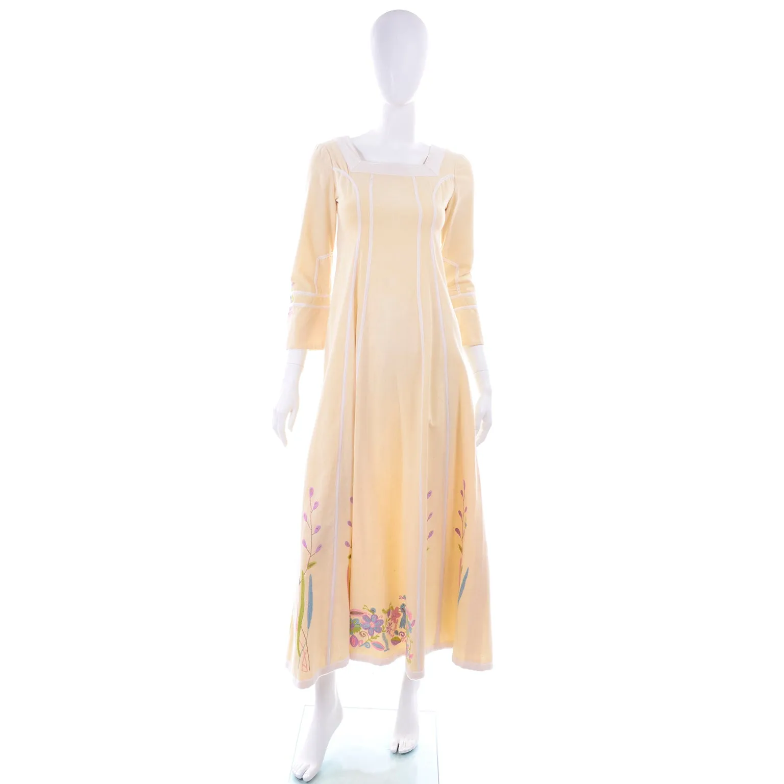 1970s Josefa Cream Cotton Long Embroidered Vintage Dress