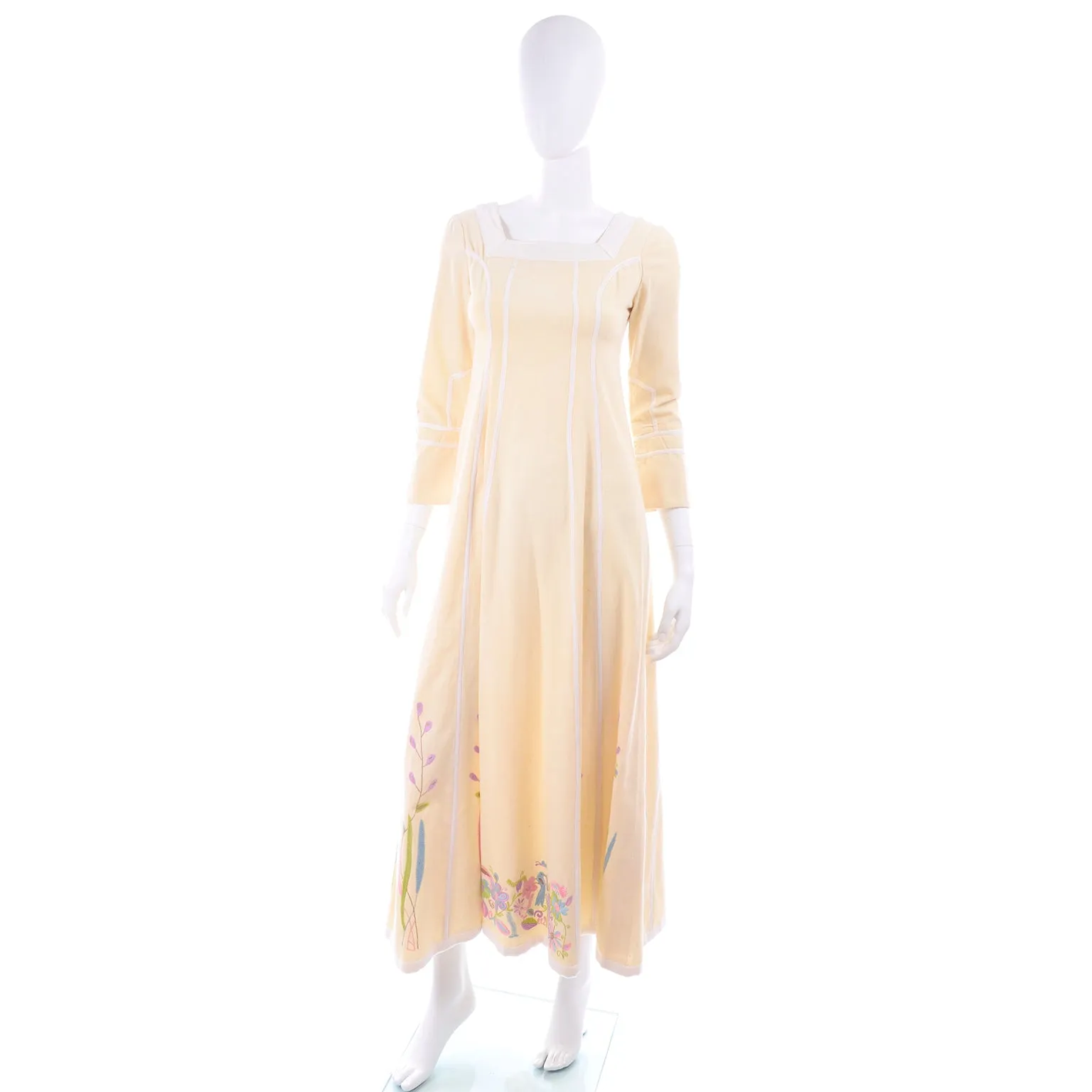 1970s Josefa Cream Cotton Long Embroidered Vintage Dress