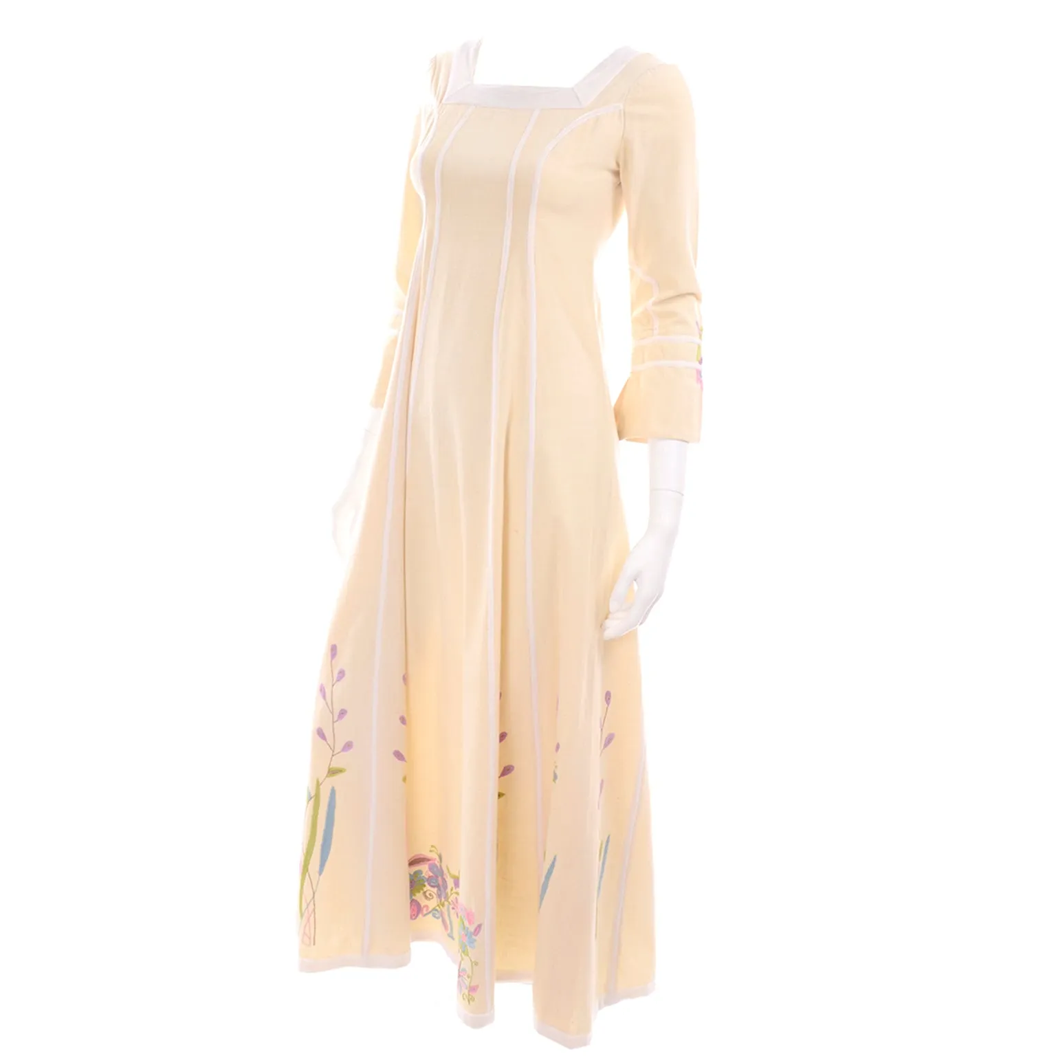 1970s Josefa Cream Cotton Long Embroidered Vintage Dress