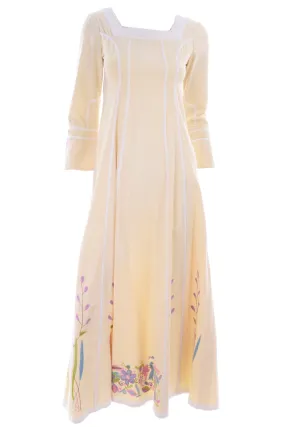 1970s Josefa Cream Cotton Long Embroidered Vintage Dress