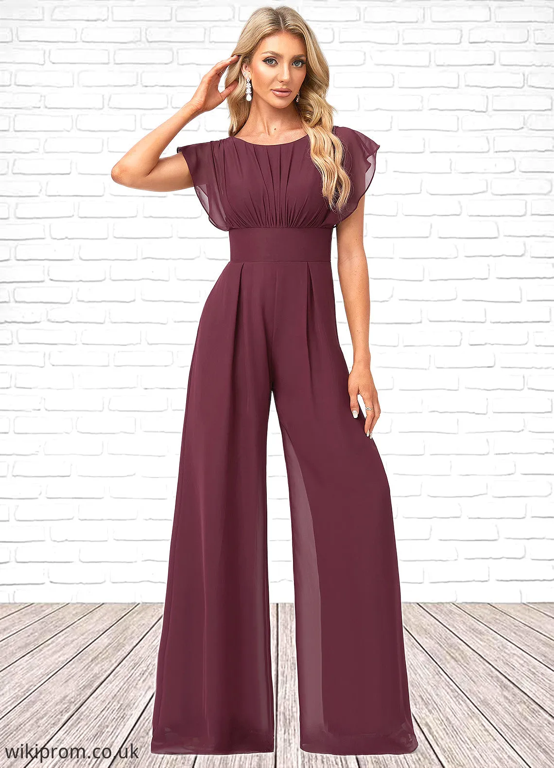 Alina Jumpsuit/Pantsuit Scoop Floor-Length Chiffon Bridesmaid Dress With Ruffle SWKP0022610