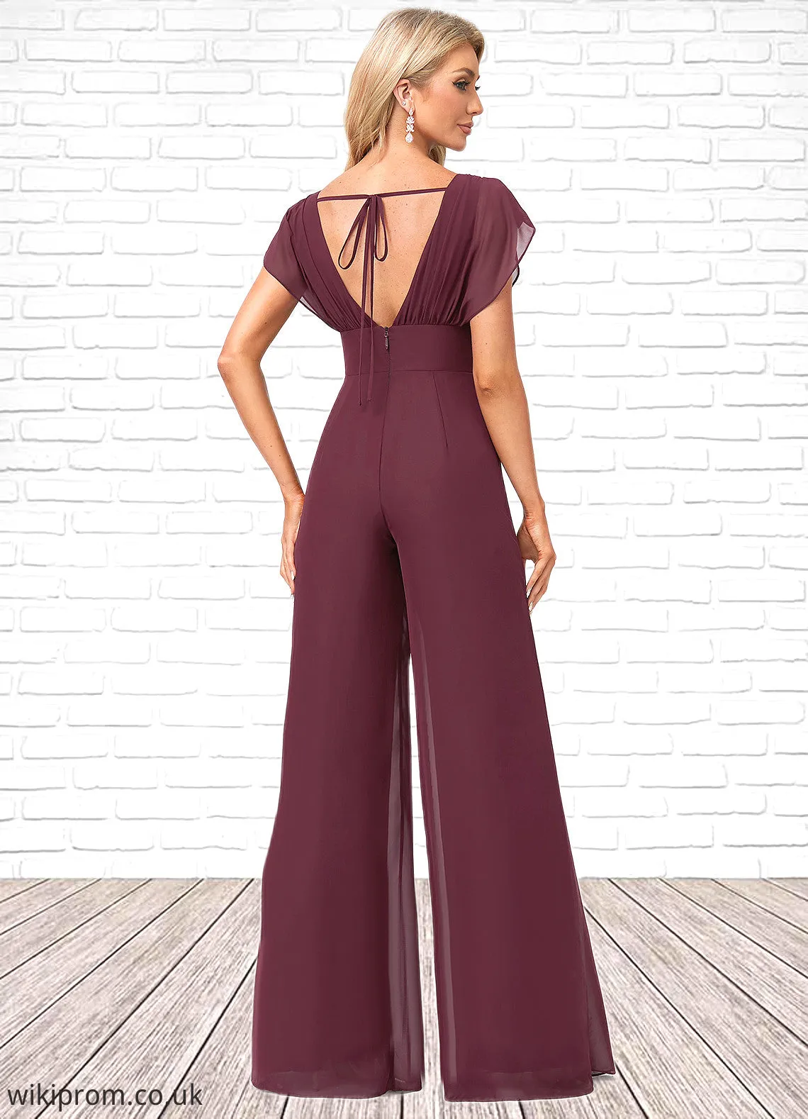 Alina Jumpsuit/Pantsuit Scoop Floor-Length Chiffon Bridesmaid Dress With Ruffle SWKP0022610