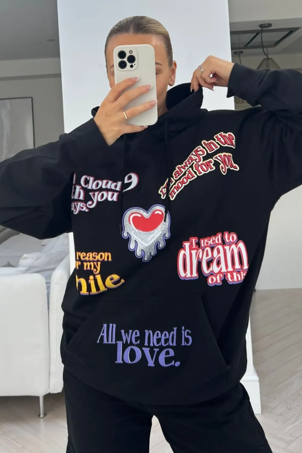 all we need is love black printed hoodie