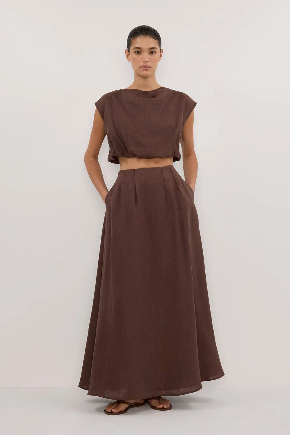 AMY CHOC LINEN MIDI SKIRT