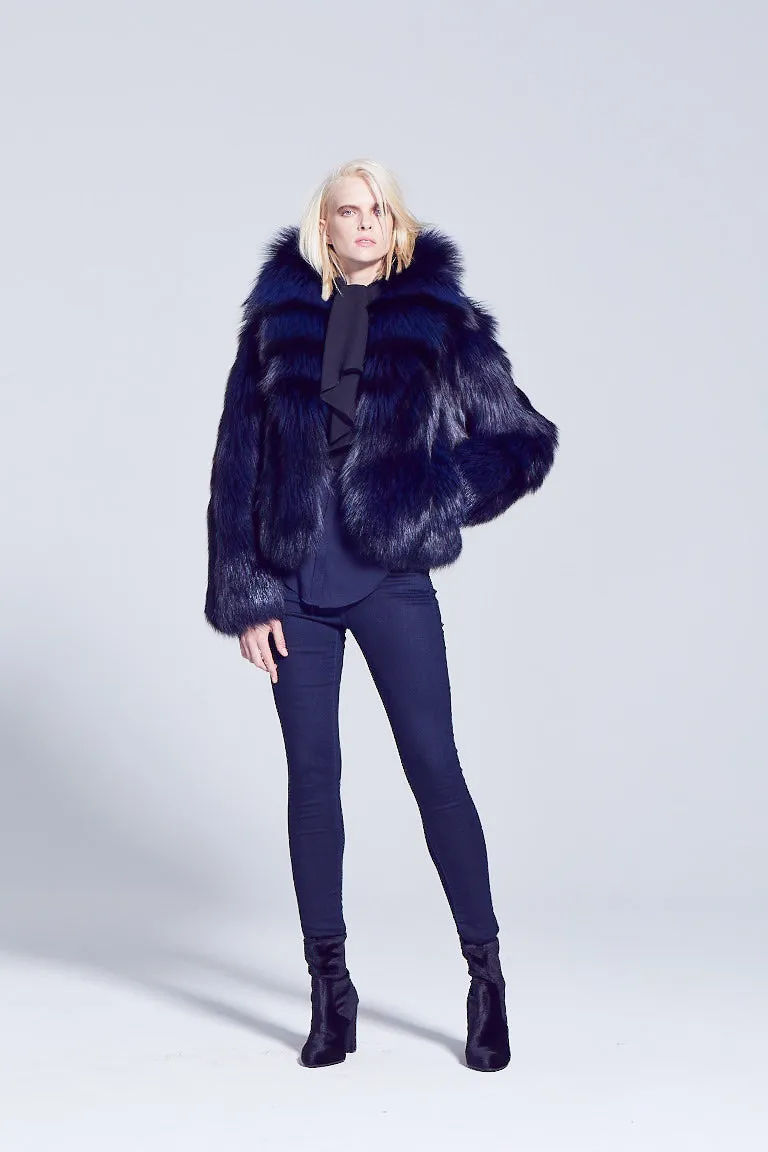 Anya Navy Silver Fox Fur Jacket