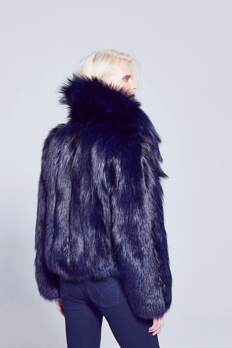 Anya Navy Silver Fox Fur Jacket