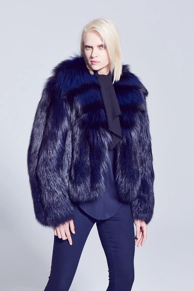 Anya Navy Silver Fox Fur Jacket