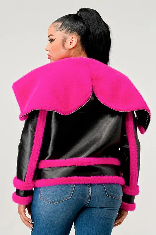 Athina Statement Pink Faux Fur Aviator Jacket