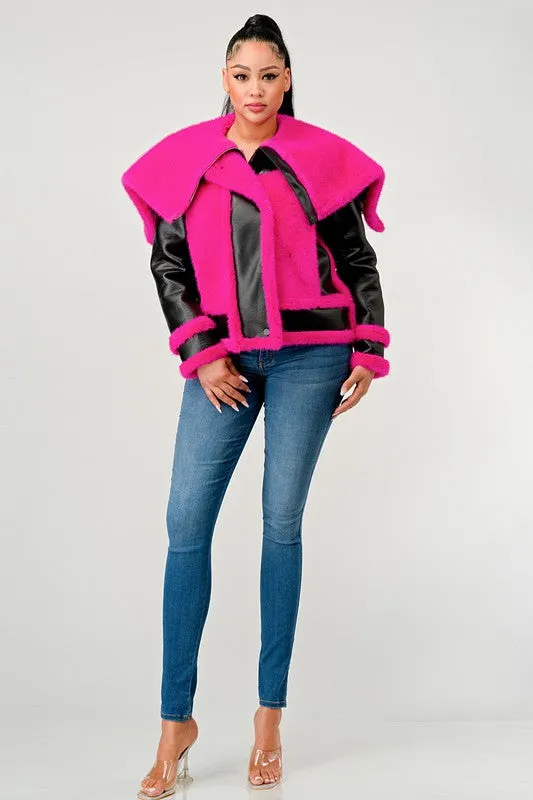 Athina Statement Pink Faux Fur Aviator Jacket