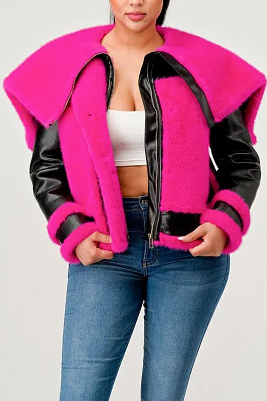 Athina Statement Pink Faux Fur Aviator Jacket