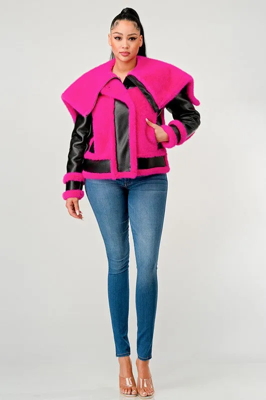 Athina Statement Pink Faux Fur Aviator Jacket