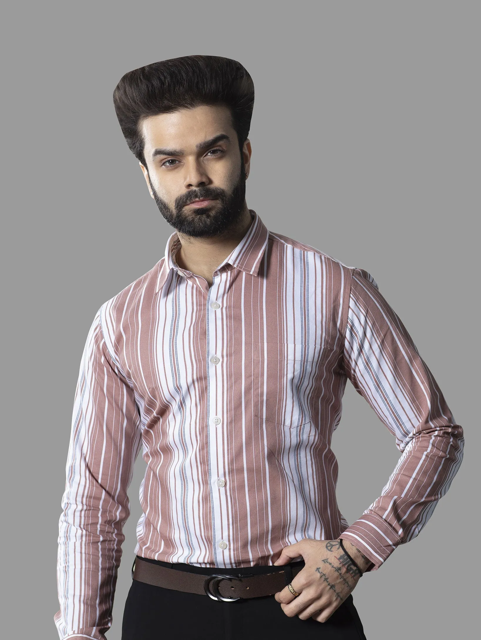 Badami Color Balanced Striped Oxford Print Cotton Shirt