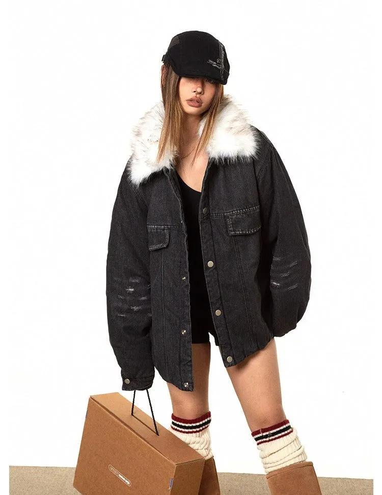 BB Faux Fur Collar Denim Puffer Jacket