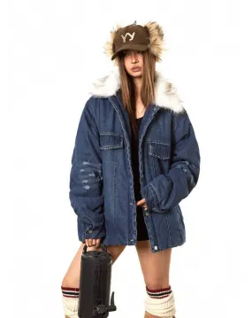 BB Faux Fur Collar Denim Puffer Jacket