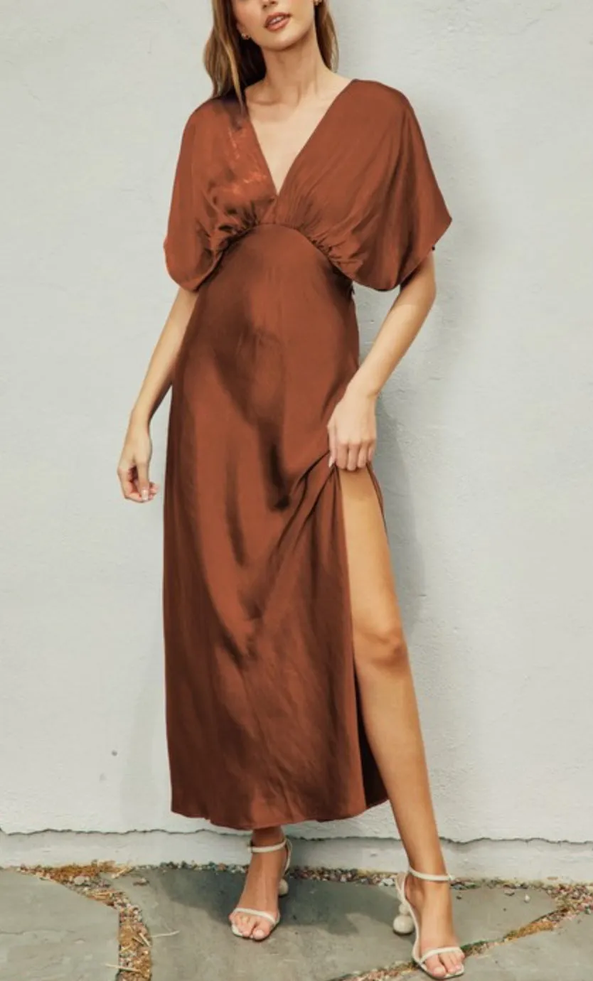 Beatrice Bat Wing Sleeve Satin  Dress in Sienna Brown