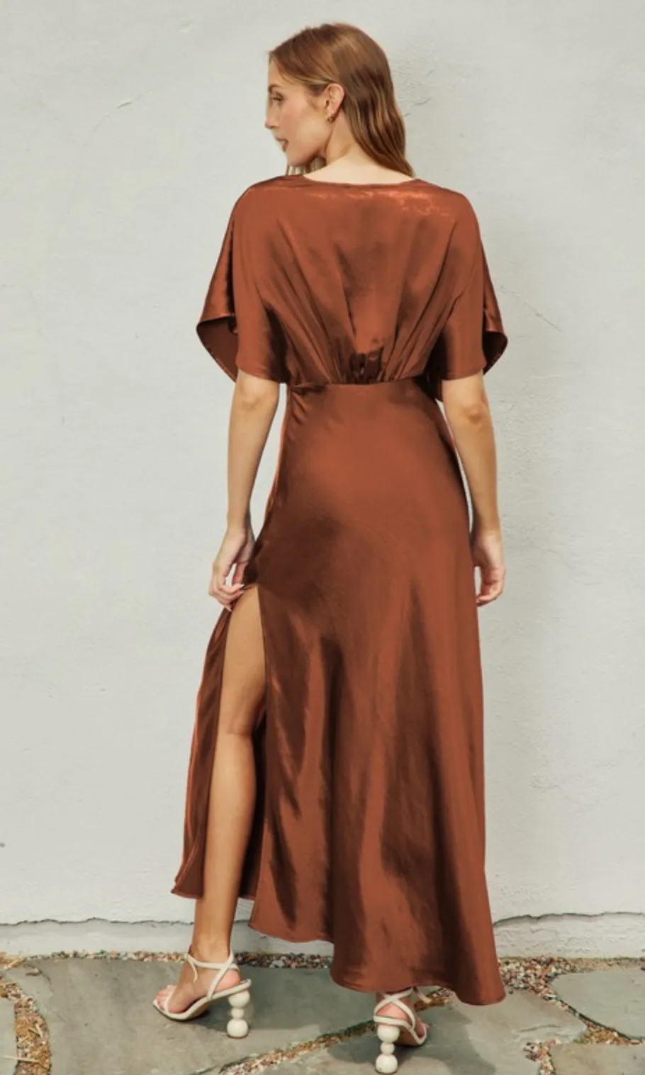 Beatrice Bat Wing Sleeve Satin  Dress in Sienna Brown