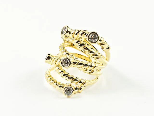 Beautiful Large Textured Multi Layer Pattern With Bezel CZ Gold Tone Silver Ring