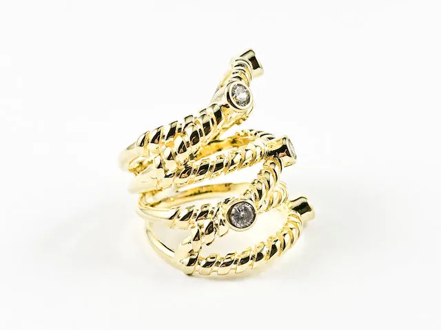 Beautiful Large Textured Multi Layer Pattern With Bezel CZ Gold Tone Silver Ring