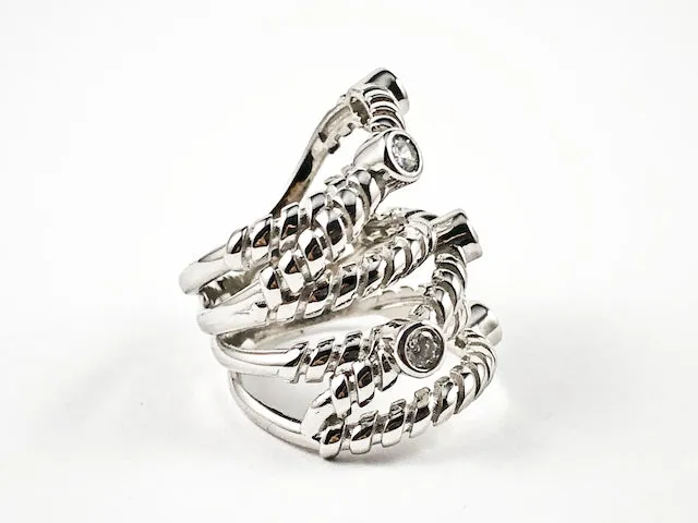 Beautiful Large Textured Multi Layer Pattern With Bezel CZ Silver Ring