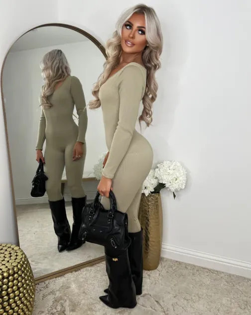 Beige Ribbed Long Sleeve Unitard Jumpsuit