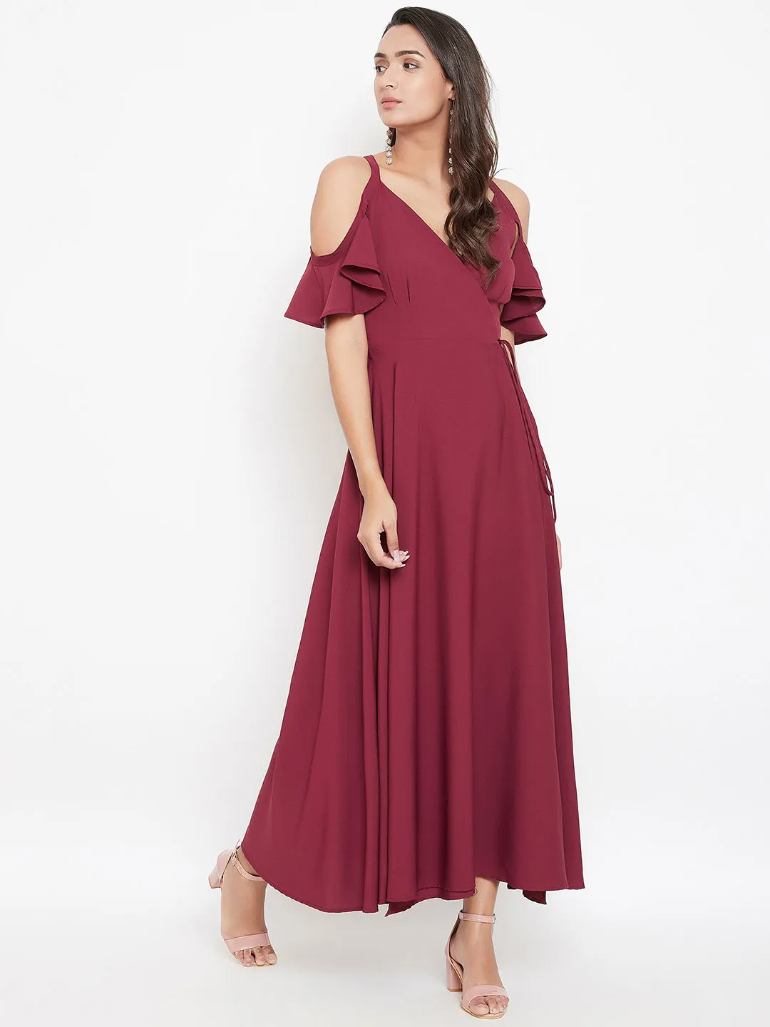 Berrylush Women Solid Maroon V-Neck Cold-Shoulder Maxi Dress