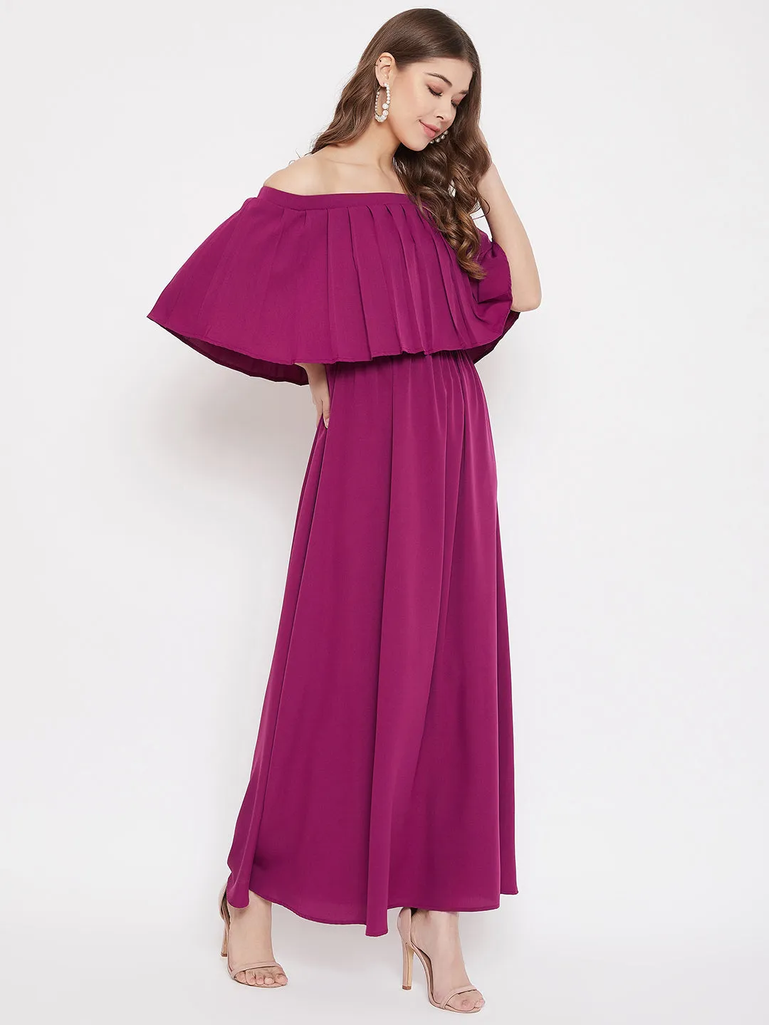 Berrylush Women Solid Purple Off-Shoulder Neck Three-Quarter Sleeve Crepe Flared Maxi Dress