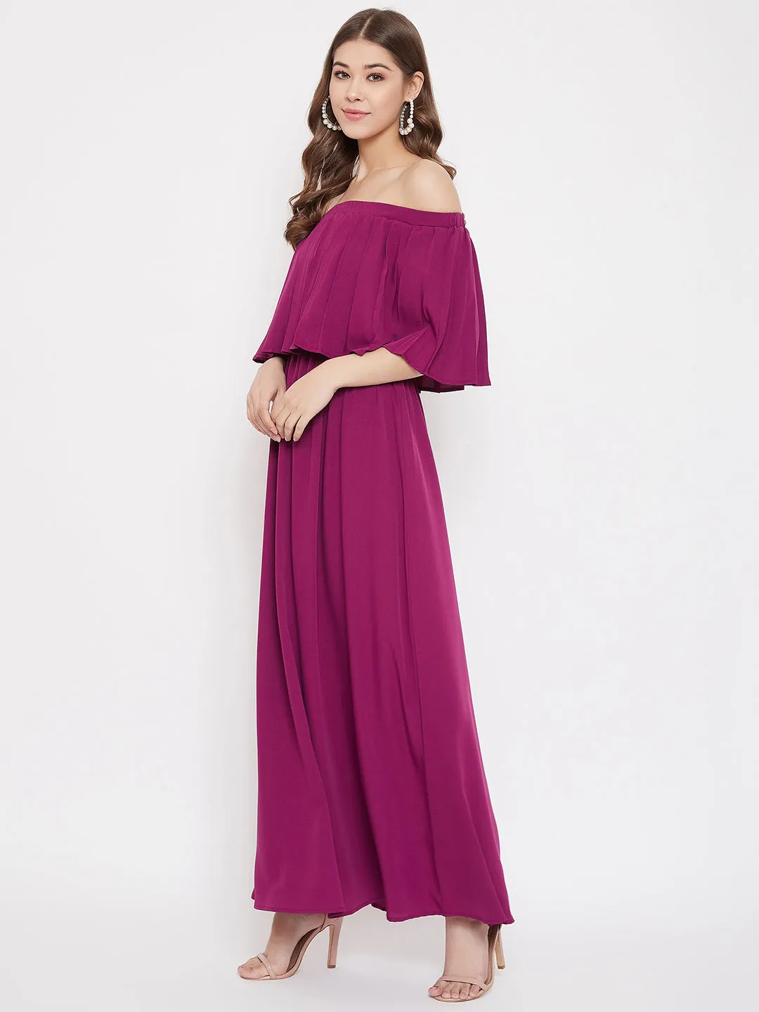 Berrylush Women Solid Purple Off-Shoulder Neck Three-Quarter Sleeve Crepe Flared Maxi Dress