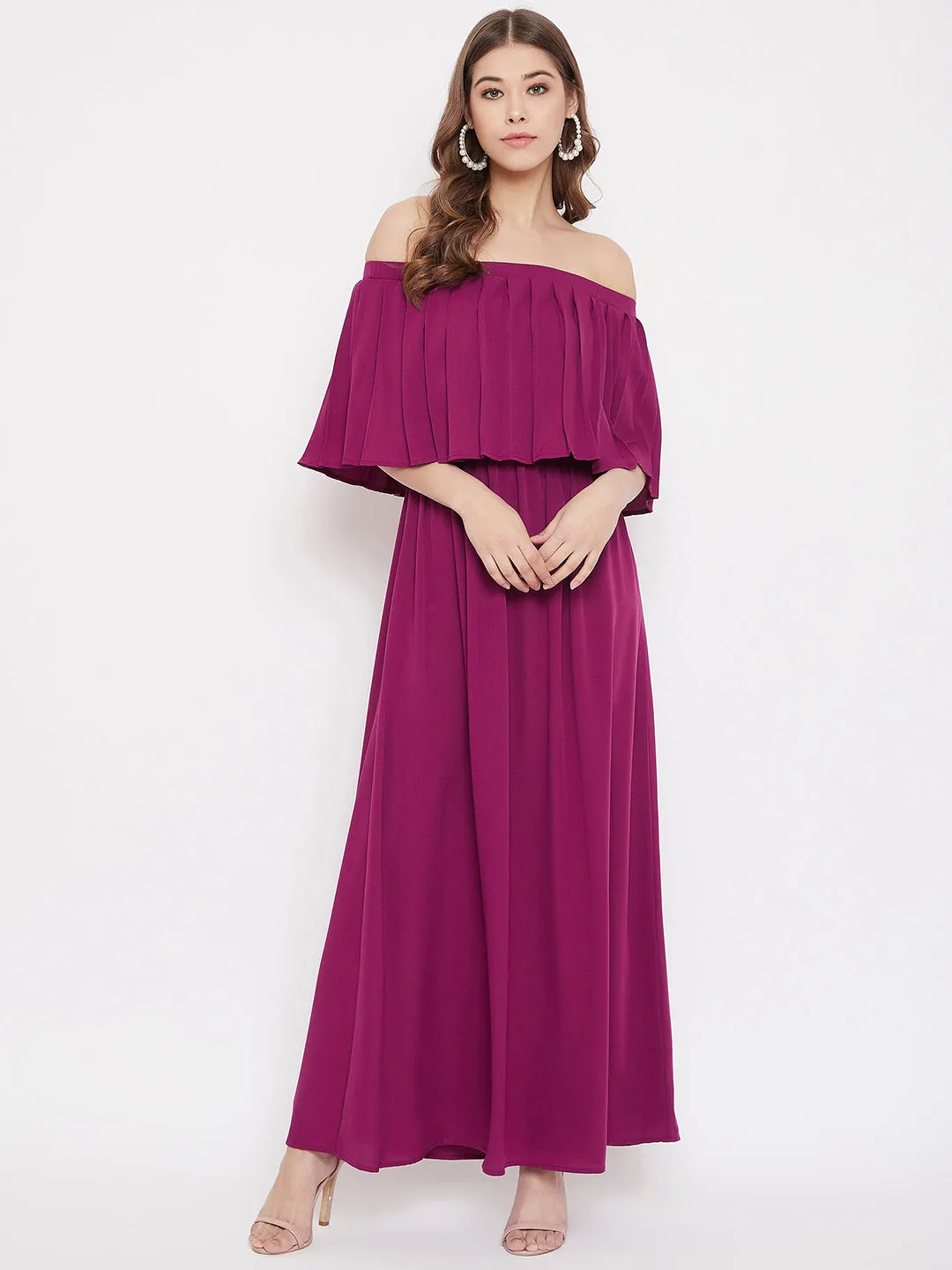 Berrylush Women Solid Purple Off-Shoulder Neck Three-Quarter Sleeve Crepe Flared Maxi Dress