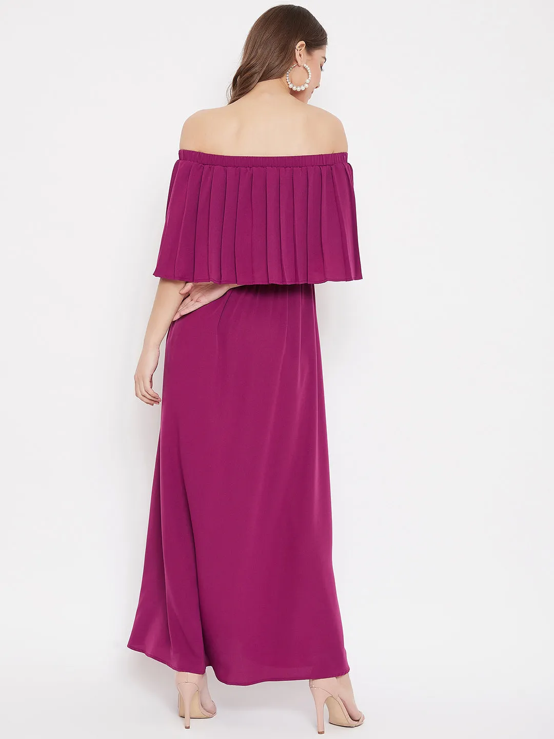 Berrylush Women Solid Purple Off-Shoulder Neck Three-Quarter Sleeve Crepe Flared Maxi Dress