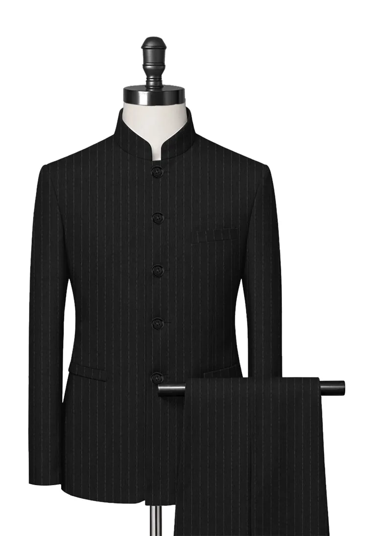 Black Chalk Stripe Mandarin Collar Suit