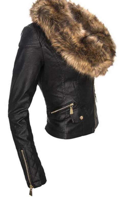 Black Faux Fur Collar Oblique Zipper Crop PU Jacket