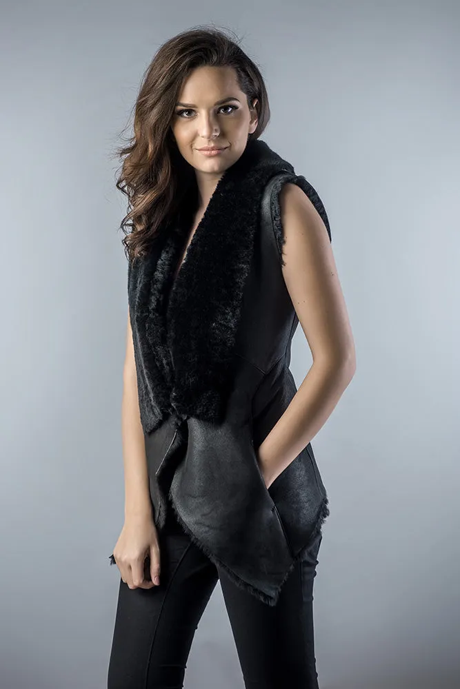 Black Genuine Nappa Lambskin Merino Fur Vest