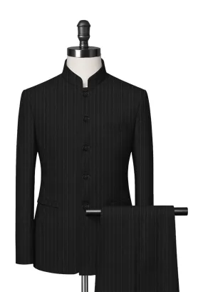 Black Pin Stripe Mandarin Collar Suit