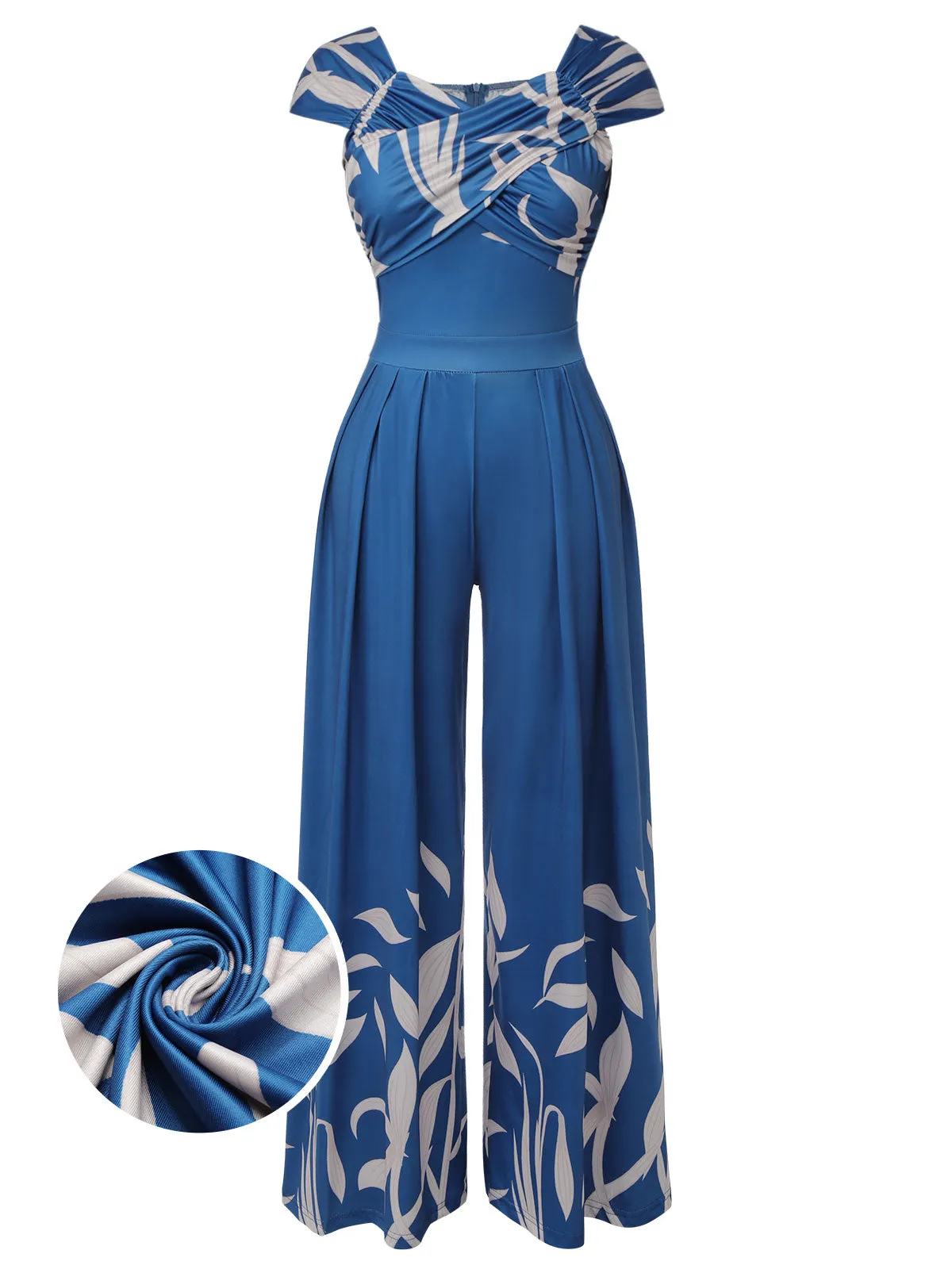 Blue 1960s High-Waist Plant Print Jumpsuit