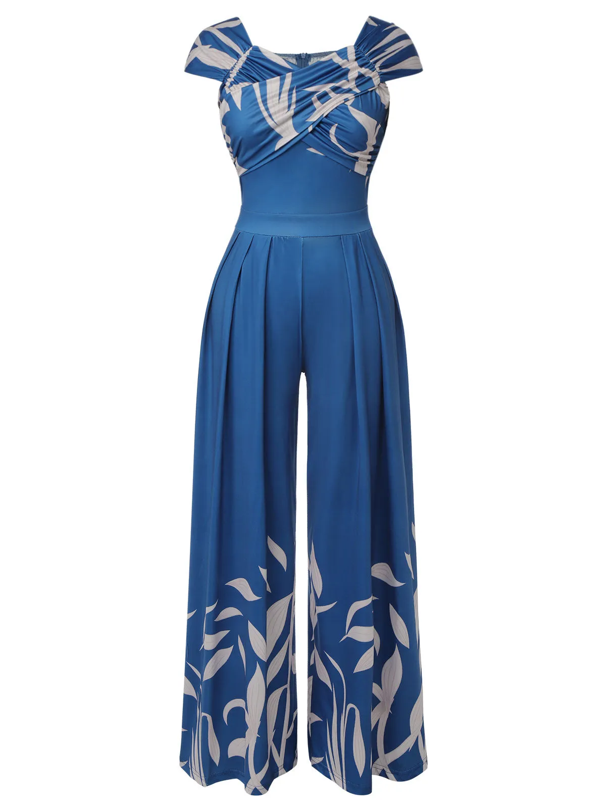 Blue 1960s High-Waist Plant Print Jumpsuit