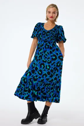 Blue with Green and Black Mega Leopard Shirred Puff Sleeve Midi Dress